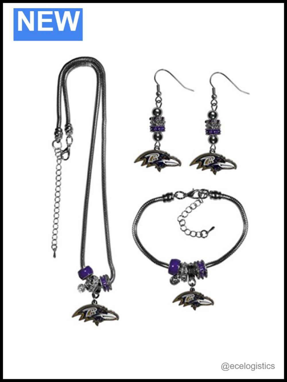 NFL Women's Euro Bead Jewelry Set, Necklace Bracelet Earrings